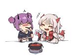  2girls arknights bead_bracelet beads black_shirt blush_stickers bowl bracelet chibi chinese_commentary chopsticks closed_eyes crying cup demon_horns dragon_girl dragon_horns dragon_tail eating fang flush glass holding holding_bowl holding_chopsticks holding_cup horns hotpot jacket jewelry lava_(arknights) mabing multicolored_hair multiple_girls nian_(arknights) open_mouth pointy_ears ponytail red_bandeau red_hair shirt short_hair short_twintails simple_background skin_fang spicy streaked_hair tail tail-tip_fire tooth_necklace twintails upper_body v-shaped_eyebrows white_background white_hair white_jacket 