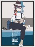  1girl bag black_headwear black_pants book brown_eyes brown_hair converse drinking drinking_straw_in_mouth fashion hat hat_ribbon highres holding holding_book juice_box overalls pants perplexed reading ribbon shirt short_sleeves sitting solo tokoroten_(hmmuk) touhou usami_renko white_ribbon white_shirt 