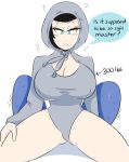  ? black_hair blue_eyes breasts confused grey_sweater hands_on_thighs highres hood hoodie jinu_(jinusenpai) looking_down sex_doll sweater thick_thighs thighs weight_conscious 