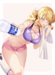  1girl bangs blonde_hair blue_eyes border bottle breasts cleavage hair_ribbon highres holding holding_bottle holding_towel large_breasts leaning_forward long_hair orange_sekaii original parted_lips pink_shorts ribbon shoes short_shorts shorts sneakers sports_bra sweat swept_bangs thighs towel water_bottle white_border white_legwear white_towel 