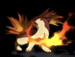  alternate_color black_background commentary fire from_below gen_2_pokemon highres no_humans open_mouth paws pn_(ltpn_257) pokemon pokemon_(creature) quilava red_eyes shiny_pokemon standing toes tongue 