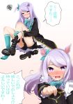  1girl absurdres blush boots commentary_request embarrassed highres horse_girl looking_at_viewer medium_hair mejiro_mcqueen_(umamusume) miso_bon open_mouth purple_eyes purple_hair removing_shoes ribbon shorts shorts_under_skirt solo translation_request umamusume white_background 