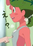  1girl ? bangs bare_arms blurry blurry_background blush blush_stickers embarrassed eyelashes from_side full-body_blush green_eyes green_hair grey_overalls hair_tie highres mallow_(pokemon) meronshiroppu open_mouth overalls pokemon pokemon_(game) pokemon_sm poking smile steam sweatdrop swept_bangs symbol_commentary tied_hair tongue translated trial_captain upper_teeth 