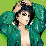  1girl album_cover album_cover_redraw black_hair breasts breasts_apart brown_eyes collarbone cover derivative_work emerald_shower english_commentary green_background green_jacket hair_behind_ear hands_in_hair jacket medium_breasts phil_dragash real_life short_hair solo upper_body yamagata_sumiko 