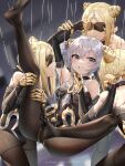  4girls android arm_up bangs bare_shoulders black_gloves black_legwear black_leotard blonde_hair blush breasts bronya_zaychik chinese_commentary clenched_teeth closed_mouth commentary_request crossed_bangs drill_hair elbow_gloves eye_mask eyebrows_visible_through_hair facial_mark facing_another feet forehead_mark full_body ginklaga gloves grey_eyes hair_between_eyes hand_on_another&#039;s_chin hand_up holding_another&#039;s_arm holding_another&#039;s_leg honkai_(series) honkai_impact_3rd leg_up legs leotard looking_at_another multiple_girls no_shoes pantyhose parted_bangs restrained silver_hair small_breasts smile teeth 