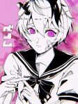  1girl bandages bandaid bandaid_on_face bow bowtie chromatic_aberration collared_shirt flower_(vocaloid) multicolored_hair pill pink_background pink_eyes py_xx2 sailor_collar sailor_shirt shirt short_hair short_sleeves solo streaked_hair upper_body v_flower_(vocaloid4) venom_(vocaloid) vocaloid x_fingers 