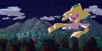  :d brown_eyes cloud commentary_request flying gen_3_pokemon highres jirachi mountainous_horizon mythical_pokemon night no_humans open_mouth outdoors outstretched_arms pn_(ltpn_257) pokemon pokemon_(creature) signature sky smile solo sparkle star_(sky) tongue 
