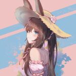  1girl amiya_(arknights) animal_ears arknights bangs bare_shoulders blue_eyes blush brown_hair bunny_ears caisena commentary_request hat long_hair looking_at_viewer off-shoulder_shirt off_shoulder partial_commentary pink_shirt puffy_short_sleeves puffy_sleeves shirt short_sleeves smile solo sun_hat upper_body 