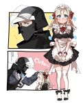  1boy 1girl absurdres apron black_dress blonde_hair blush bow bowtie closed_mouth crossover doc_(rainbow_six_siege) dress girls&#039;_frontline gloves headpat helmet highres long_hair long_sleeves maid maid_headdress military_operator mp5_(girls&#039;_frontline) rainbow_six_siege red_neckwear sanso_(kasyawamoti) standing thighhighs translation_request white_apron white_gloves white_legwear wrist_cuffs 