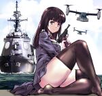  1girl aircraft ass bangs black_legwear brown_eyes brown_hair destroyer from_side gun handgun helicopter hime_cut holding holding_gun holding_weapon kamisimo_90 looking_at_viewer military military_vehicle necktie original red_neckwear ship sitting skirt smile thighhighs thighs uniform v-22_osprey walther walther_p38 warship water watercraft weapon 
