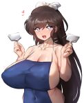  1girl apron blue_eyes breasts brown_hair cleavage genderswap genderswap_(mtf) highres huge_breasts kuonji_ukyou long_hair naked_apron open_mouth ranma_1/2 simple_background solo spatula thirty_8ght upper_body white_background 