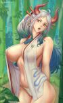  1girl ahoge arms_behind_back artist_name bamboo bamboo_forest bare_arms bare_shoulders blue_hair breasts breasts_apart brown_eyes covered_nipples cowboy_shot curled_horns day earrings forest green_hair groin hair_ornament hair_stick head_tilt highres horns huge_breasts japanese_clothes jewelry kimono long_hair looking_at_viewer multicolored_hair nature navel nipples no_bra no_pants one_piece open_clothes open_kimono open_mouth oppaiserothicc outdoors panties ponytail red_horns see-through sidelocks silver_hair sleeveless sleeveless_kimono solo stomach underwear very_long_hair water water_drop wet wet_clothes wet_face yamato_(one_piece) 