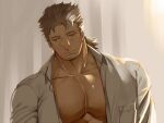  1boy abs bara chest_hair facial_hair goatee hinokumo_f large_pectorals looking_down male_cleavage male_focus mature_male mononobe_kyoma_(tokyo_houkago_summoners) multicolored_hair muscular muscular_male nipples old old_man open_clothes open_shirt pectorals shirt short_hair sideburns solo stomach streaked_hair stubble tokyo_houkago_summoners upper_body white_shirt 