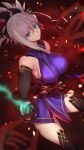  1girl akatsuki_ikki bangs belt black_legwear blue_eyes breasts dual_wielding elbow_gloves eyebrows_behind_hair fate/grand_order fate_(series) fingerless_gloves gloves hair_between_eyes hairband highres holding holding_sword holding_weapon japanese_clothes katana kimono large_breasts long_hair looking_at_viewer miyamoto_musashi_(fate) open_mouth pink_hair ponytail solo sword thighhighs weapon 