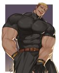  1boy bara black_gloves black_pants black_shirt character_request copyright_request covered_abs covered_navel covered_nipples gloves gomtang large_pectorals leaning_to_the_side leather_belt looking_at_viewer male_focus mature_male muscular muscular_male pants pectorals shirt short_hair sideburns solo taut_clothes taut_shirt tight tight_shirt tongue tongue_out undercut veins 