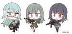  3girls :o bangs black_gloves black_hair black_legwear blush brown_eyes brown_legwear camouflage camouflage_skirt cardigan character_request chibi collared_shirt eyebrows_visible_through_hair glasses gloves green_hair green_skirt grey_cardigan grey_eyes grey_legwear grey_skirt gun holding holding_gun holding_weapon knee_pads kneehighs little_armory long_sleeves multiple_girls muuran neck_ribbon official_art pantyhose parted_lips pink_ribbon plaid plaid_skirt pleated_skirt puffy_long_sleeves puffy_sleeves red-framed_eyewear ribbon school_uniform semi-rimless_eyewear shirt simple_background skirt smile under-rim_eyewear wavy_mouth weapon weapon_request white_background white_shirt 