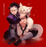  2boys absurdres animal_ear_fluff animal_ears bangs belt black_eyes black_hair blush closed_eyes closed_mouth fangs hair_between_eyes highres huge_filesize japanese_clothes kimetsu_no_yaiba long_sleeves male_focus mohawk monza_(saeumon) multiple_boys open_clothes open_mouth red_background scar scar_on_arm scar_on_chest scar_on_face shinazugawa_genya shinazugawa_sanemi simple_background sitting sweat tail white_hair 