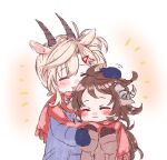  2girls animal_ears arknights blush brown_hair closed_eyes earthspirit_(arknights) eyjafjalla_(arknights) goat_ears goat_girl goat_horns headpat height_difference horns long_hair multiple_girls naoi_retsu platinum_blonde_hair red_scarf scarf shared_scarf winter_clothes 