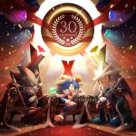  3boys anniversary cape chaos_emerald commentary_request confetti crown furry gem gloves green_eyes iiimirai jewelry male_focus multiple_boys red_cape red_eyes ring shadow_the_hedgehog shoes silver_the_hedgehog sitting sneakers sonic_(series) sonic_the_hedgehog sword throne weapon white_gloves yellow_eyes 