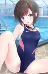 1girl absurdres black_hair black_swimsuit blue_eyes blurry commentary_request competition_swimsuit depth_of_field hair_ornament hairclip head_tilt highres looking_at_viewer one-piece_swimsuit original pool pool_ladder poolside short_hair sitting solo spread_legs swimsuit yunarebun 