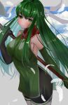  1girl absurdres bangs bare_shoulders blue_sky blush breasts chil0107 closed_mouth cloud elbow_gloves feathers fire_emblem fire_emblem:_mystery_of_the_emblem fire_emblem:_shadow_dragon_and_the_blade_of_light gloves green_eyes green_hair hair_between_eyes headband highres holding holding_weapon long_hair palla_(fire_emblem) red_scarf scarf sky sleeveless solo very_long_hair weapon white_headband 