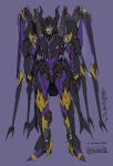  1girl airachnid alex_milne character_sheet decepticon english_commentary horns mecha no_humans official_art open_hands purple_background purple_eyes redesign science_fiction signature smile solo standing the_transformers_(idw) transformers 
