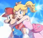  1boy 1girl ;d bare_arms blonde_hair blue_eyes blue_sky brown_hair cloud crown dress earrings english_commentary gloves highres hug hug_from_behind jewelry mario mario_(series) one_eye_closed open_mouth outdoors overalls pink_dress ponytail princess_peach red_headwear red_shirt shirt short_sleeves sky smile sun water white_gloves ya_mari_6363 