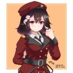  1girl beret black_hair commission doboru_(pixiv20862474) emblem female_commander_(girls&#039;_frontline) girls&#039;_frontline grifon_&amp;_kryuger hat military military_uniform multicolored_hair necktie purple_eyes purple_hair short_hair signature skeb_commission smile solo twitter_username two-tone_hair uniform 