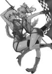  2girls akatsuki_ikki bangs black_legwear booth boots braid braided_ponytail eyebrows_behind_hair eyebrows_visible_through_hair fate/apocrypha fate/grand_order fate_(series) flag gloves greyscale hair_between_eyes highres holding holding_flag jeanne_d&#039;arc_(fate) jeanne_d&#039;arc_(fate)_(all) leg_belt long_hair looking_at_viewer monochrome mordred_(fate) mordred_(fate)_(all) multiple_girls open_mouth ponytail race_queen shorts simple_background smile thighhighs white_background 