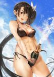  1girl bare_arms bare_legs bare_shoulders bikini black_bikini black_hair blush bottle breasts brown_eyes cleavage collarbone cowboy_shot day hair_between_eyes highres holding holding_bottle kantai_collection large_breasts long_hair nachi_(kancolle) navel one_eye_closed open_mouth rainbow side_ponytail smile solo swimsuit toka_(marchlizard) 