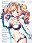  1girl 547th_sy bangs bikini blue_eyes blush breasts character_name cleavage dated drill_hair eyebrows_visible_through_hair headgear highres honolulu_(kancolle) kantai_collection large_breasts long_hair sidelocks simple_background smile solo swimsuit twin_drills twintails twitter_username 