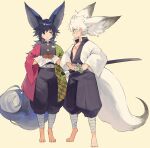  2boys absurdres anger_vein animal_ear_fluff bandaged_leg bandages bangs belt black_hair food gakuran haori highres holding holding_sword holding_weapon japanese_clothes katana kimetsu_no_yaiba large_ears large_tail long_hair long_sleeves male_focus monza_(saeumon) multiple_boys scar scar_on_cheek scar_on_face school_uniform shinazugawa_sanemi simple_background standing sword tail tomioka_giyuu weapon white_belt white_hair wide_sleeves 