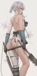  1girl absurdres ass back bandaged_arm bandaged_leg bandages bangs bare_shoulders breasts brown_eyes chain free_style_(yohan1754) grey_hair highres kaine_(nier) large_breasts lingerie long_hair looking_at_viewer nier nier_(series) solo sword thighs underwear weapon 
