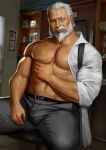  1boy abs absurdres ass_visible_through_thighs bara bare_pectorals beard blind bulge facial_hair grabbing grey_pants highres indoors male_focus mature_male muscular muscular_male navel nipples old old_man overwatch pants pectoral_grab pectorals reinhardt_(overwatch) scar scar_across_eye self_fondle shirt shirt_removed short_hair solidbone solo spread_legs stomach thighs white_shirt 