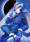  1boy android armor copy_x_(mega_man) glowing glowing_eyes hand_up helmet iiimirai male_focus mega_man_(series) mega_man_zero parted_lips red_eyes solo twitter_username 