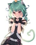  1girl absurdres ahoge animal_ear_fluff animal_ears animal_on_head bangs bird bird_on_head black_choker black_dress blush cat_ears cat_girl cat_tail chick choker commentary_request dress eyebrows_visible_through_hair green_hair hair_ornament hands_on_own_face hands_up highres hololive long_hair looking_at_viewer noise off-shoulder_dress off_shoulder on_head parted_lips piyoko_(uruha_rushia) red_eyes short_sleeves simple_background skull_hair_ornament solo tail twintails upper_body uruha_rushia virtual_youtuber white_background wrist_cuffs xiho_(suna) 