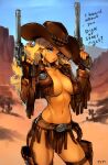  1girl blonde_hair breasts bullet cactus choker cowboy_hat desert dual_wielding english_text final_fantasy galgrease hat holding juliona_trans looking_at_viewer midriff navel open_clothes open_mouth optionaltypo revolver sabotender sheriff_badge signature solo western wild_wet_west 