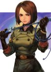  1girl bangs belt black_gloves breasts brown_eyes brown_hair choker collared_shirt feet_out_of_frame forehead gloves holding holding_whip hungry_clicker lips looking_at_viewer medium_breasts shirt short_hair solo swept_bangs the_king_of_fighters whip whip_(kof) 
