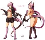  1girl :d ass bandeau black_jacket black_panties black_shorts bra breasts claws cleavage cropped_jacket dragon_girl dragon_horns dragon_tail dragon_wings fewer_digits full_body hand_up highres hitokuirou horns jacket knees_together_feet_apart long_hair looking_at_viewer low_wings monster_girl multiple_views navel open_clothes open_jacket open_mouth original panties parted_lips pigeon-toed purple_hair red_bra red_eyes scales shorts signature simple_background smile stomach tail thong underwear white_background wings 