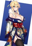  1girl akatsuki_ikki artoria_pendragon_(all) artoria_pendragon_(lancer)_(fate) bangs black_legwear blonde_hair blue_background blue_kimono blush border braid breasts choker cleavage collarbone commentary_request fate/grand_order fate_(series) floral_print flower french_braid fur_collar fur_trim furisode garter_straps green_eyes hair_between_eyes hair_bun hair_flower hair_ornament hairpin highres japanese_clothes kimono large_breasts long_hair looking_at_viewer obi off_shoulder sash sidelocks simple_background smile solo thighhighs thighs two-tone_background white_border wide_sleeves 