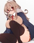  1girl ahoge bangs blue_coat blush breasts brown_legwear character_request coat dot_mouth eyebrows_visible_through_hair feet_out_of_frame fur_trim glasses hair_between_eyes hair_intakes highres light_brown_hair long_hair looking_at_viewer mofuaki necktie no_nose open_clothes open_coat pleated_skirt red_eyes red_neckwear red_skirt ribbed_sweater semi-rimless_eyewear shadow shirt sidelocks sitting skirt solo sweater thick_thighs thighhighs thighs under-rim_eyewear v-neck white_background white_shirt wing_collar zettai_ryouiki 