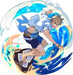  1boy anchor_symbol ankleband arms_up artist_request bangs barefoot belt blue_eyes blue_ribbon bracelet brown_hair day from_side full_body grin hair_between_eyes happy highres holding holding_jewelry holding_necklace jewelry lazaret_(world_flipper) looking_at_viewer male_focus male_swimwear navel necklace non-web_source ocean official_art open_clothes open_shirt outdoors ribbon see-through shiny shiny_hair shirt short_hair short_sleeves sidelocks sleeves_rolled_up smile solo sparkle standing surfboard surfing swim_trunks teeth transparent_background v-shaped_eyebrows water waves white_shirt world_flipper 