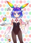  1girl alternate_costume animal_ears blue_eyes blue_hair bunny bunny_ears carrot highres multicolored_hairband playboy_bunny pote_(ptkan) rainbow rainbow_gradient short_hair solo tenkyuu_chimata touhou 