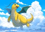  claws cloud commentary_request day dragonite enishi_(menkura-rin10) full_body gen_1_pokemon green_eyes highres looking_back no_humans open_mouth outdoors pokemon pokemon_(creature) sky solo tongue 