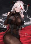  1girl azur_lane bangs bare_shoulders bodystocking breasts cape cleavage corset crossed_legs curvy detached_sleeves dress earrings elbow_gloves gloves halterneck hand_on_own_face hand_up highres horns jewelry large_breasts leaning_back long_hair looking_at_viewer marshall_k navel red_cape seductive_smile sitting skindentation sleeves smile solo very_long_hair white_hair yellow_eyes 
