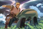  2boys blonde_hair facial_hair fighting fighting_stance fur_trim grass multiple_boys nature outdoors red_headwear sky thorfinn thorkell tunic viking vinland_saga 