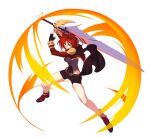  amenoki bangs black_gloves boots breasts brown_footwear brown_shorts cape fighting_stance fire full_body gloves highres holding holding_sword holding_weapon honkai_(series) honkai_impact_3rd jacket looking_at_viewer murata_himeko murata_himeko_(valkyrie_triumph) red_hair red_jacket shorts simple_background smile sword teeth weapon white_background yellow_eyes 