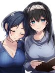  2girls bangs black_hair blue_eyes book breasts cleavage closed_mouth commentary_request earrings hairband hayami_kanade highres holding holding_book idolmaster idolmaster_cinderella_girls jewelry large_breasts long_hair multiple_girls necklace parted_bangs sagisawa_fumika short_hair simple_background sleeping sleeping_upright smile sweater upper_body white_background yuzuhota0313 