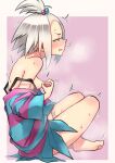  1girl blush breasts clothes_pull commentary_request dress dress_pull feet forehead freckles gojarun gym_leader highres masturbation nipples pokemon pokemon_(game) pokemon_bw2 purple_background roxie_(pokemon) shaking small_breasts solo squinting strapless strapless_dress striped striped_dress sweat thighs white_hair 