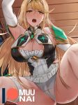  1girl bangs bare_shoulders blonde_hair blush breasts chest_jewel cleavage cleavage_cutout clothing_cutout dress elbow_gloves gloves large_breasts long_hair muunai mythra_(xenoblade) open_mouth patreon_username short_dress solo swept_bangs thigh_strap thighs tiara white_dress white_gloves xenoblade_chronicles_(series) xenoblade_chronicles_2 yellow_eyes 